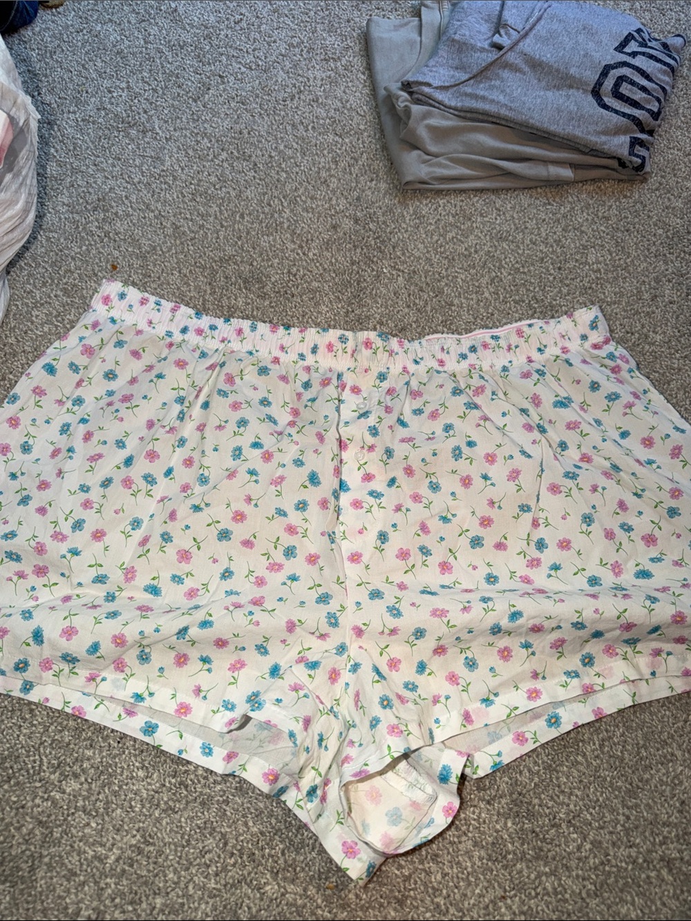 Victoria's Secret White Floral Cotton Lounge Shorts with Pink & Blue Blooms